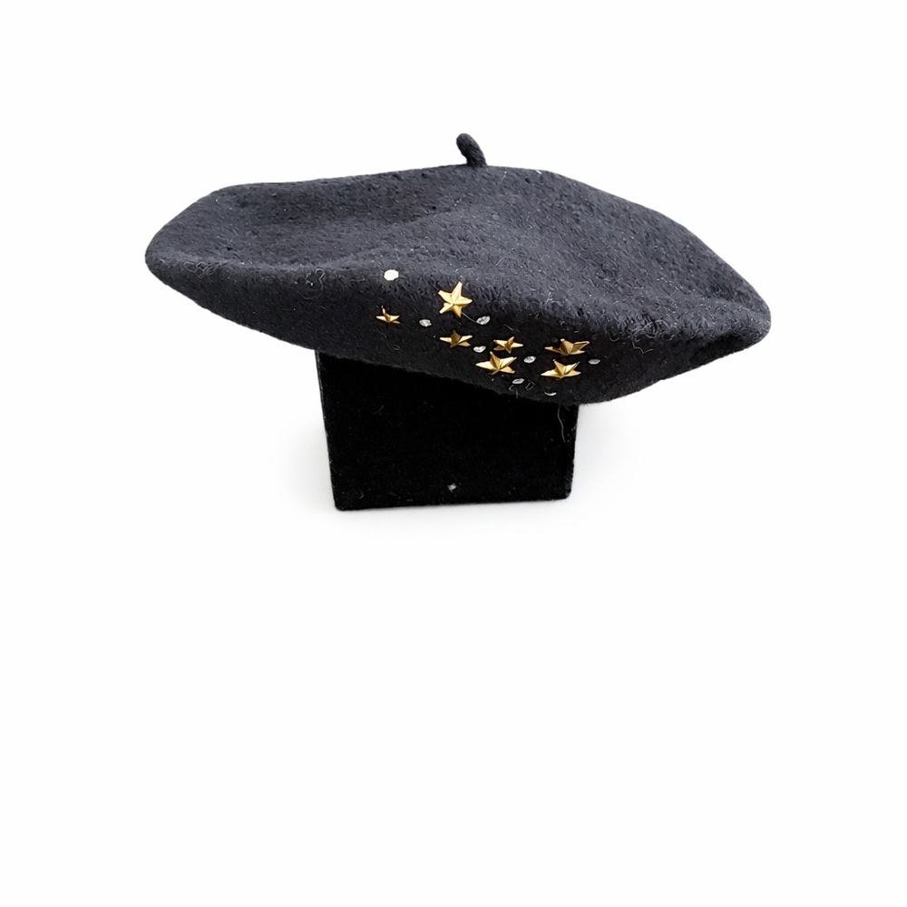 Nina Too 100% Wool Black Beret Hat Gold Star Stud Celestial Parisian Chic